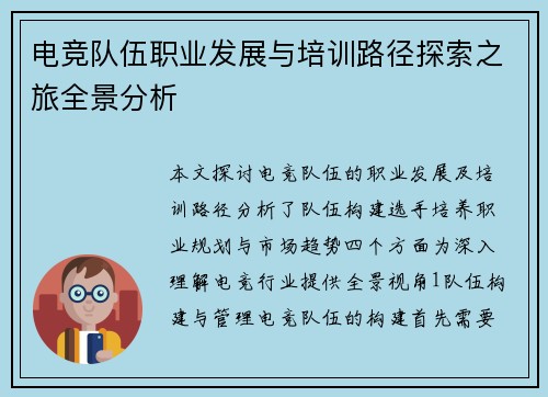 电竞队伍职业发展与培训路径探索之旅全景分析