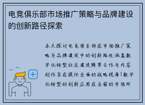 电竞俱乐部市场推广策略与品牌建设的创新路径探索