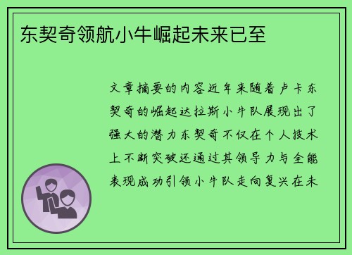 东契奇领航小牛崛起未来已至